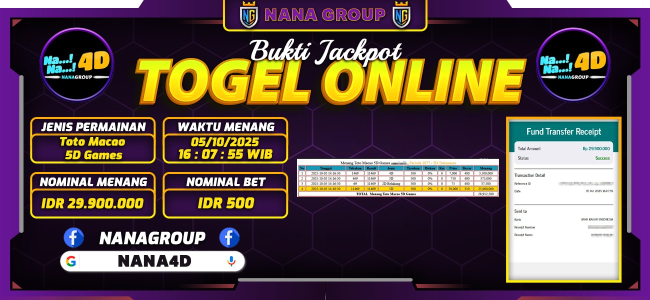 Bukti Kemenangan Besar Dibayar lunas Member NANA4D RP 29.900.000, 5 Oktober 2025